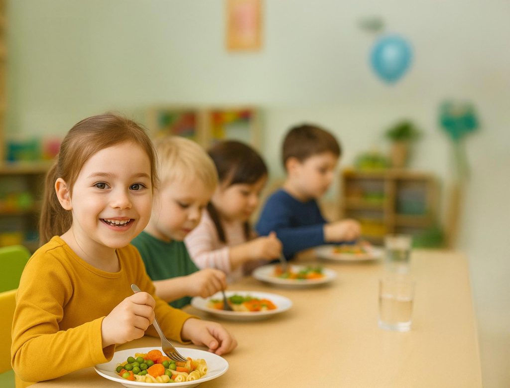 Hero-Bild zeigt Kinder am Tisch mit gesundem Essen